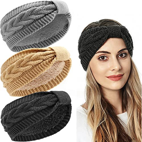 LIHELEI Stirnband Damen Winter, Gestrickte Haarreifen für Frauen Mädchen, Verdicken Stirnbänder Ohrenwärmer für Outdoor Sport, Skifahren, Laufen, Workout- Schwarz,Grau,Braun