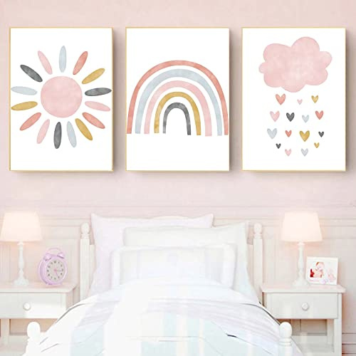 Recrtain Kinderzimmer Wanddrucke Rosa Sonnenschein Regenbogen Wolke Leinwand Wandkunst Kind Wandkunst Poster Boho Nordische Wandbilder für Mädchen Baby Kinderzimmer Dekor ungerahmt