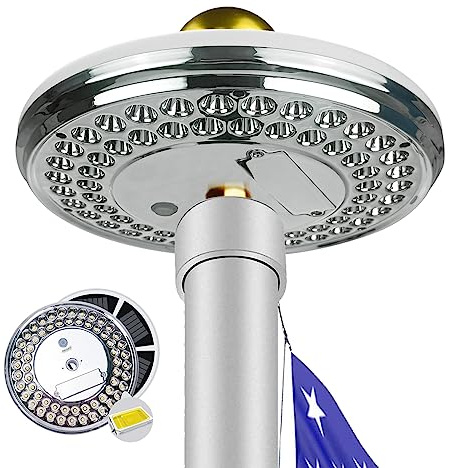 GULADUS Sol flaggstång ljus, 60 LED flaggstång ljus soldriven, 1 800 lumen, IP65 vattentät, skymning till gryning, 100 % flaggtäckning för 15 till 25 fot flaggstänger, deluxe silver
