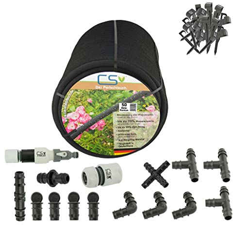 50 Meter Tropfschlauch Bewässerungsschlauch Gartenschlauch Perlschlauch Sets (1x 50m Premium mit Druckminderer)