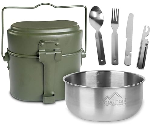 Outdoor Geschirrset Essbesteck + Aluminium Kochgeschirr + Schale 18/8 Stahl - rostfrei Olive OneSize