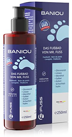 Mr. Fuss® BANIOU - Additivo per il bagno dei piedi con erbe preziose, contiene oli da bagno naturali e fini, per la cura dei piedi, con effetto SPA, 250 ml