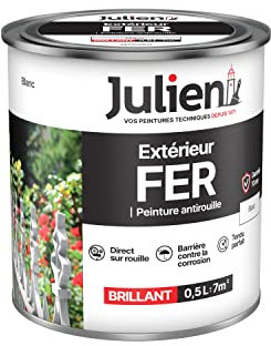 Julien Peinture Fer Anti-Rouille Brillant - Portes, grilles, portails, mobilier de jardin en métal - Blanc 0,5 L