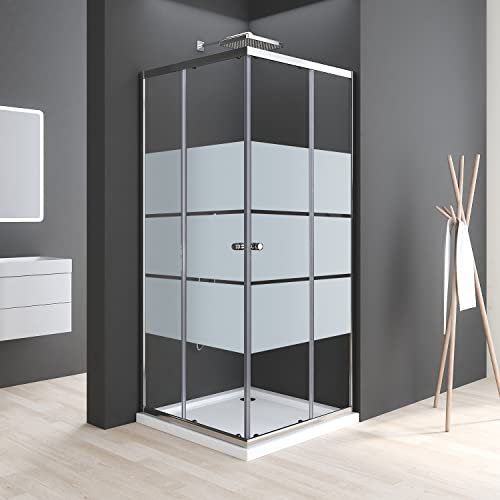 Duschkabine Schiebetür, Duschkabine 80x80x185cm Eckeinstieg 5mm ESG Milchglas Streifen Duschabtrennung Eckdusche Eck-Duschkabine Drehtür Duschwand