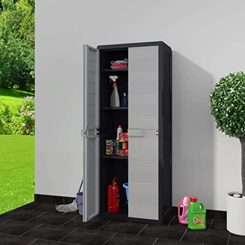 FIRBNUS 65x38x171 cm Gartenschrank mit 3 Regalböden Schwarz und Grau Putzschrank Aufbewahrungsschrank Outdoor Schrank Balkonschrank Mehrzweckschrank Kompaktes Design Geeignet für Gärten Terrassen
