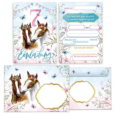 Minkocards 12 Einladungskarten incl. 12 Umschläge zum 7. Kindergeburtstag Mädchen Pferde Einladung siebte Geburtstag Kinder Einladungsset