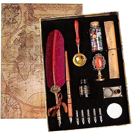 Joyeee Set con penna a piuma rossa e inchiostro, penna d'oca da scrittura con inchiostro, timbro per sigillo di cera in ottone, supporto per penna a immersione in metallo, carta da lettere, perline di