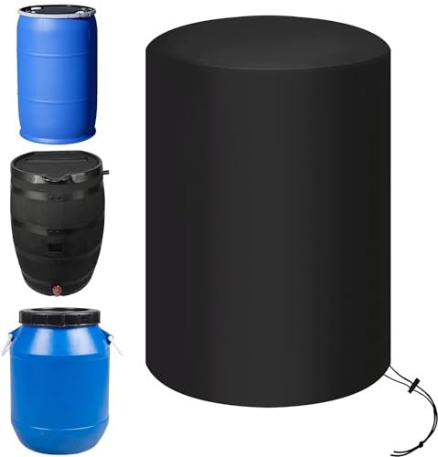 55 Gallon Rain Barrel Cover 420D Water Storage Barrel Cover Oxford Cloth 25 x 37 Inch Outdoor Waterproof Rain Snow Bucket Cover with Drawstring, UV Protection, Anti Dust (Black)