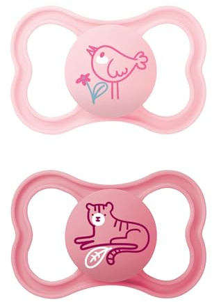MAM Ciuccio Air in silicone, set da 2 pezzi, design extra leggero e arioso, adatto ai denti, in speciale silicone MAM SkinSoft con scatola per ciuccio, 16 mesi, uccello/tigre
