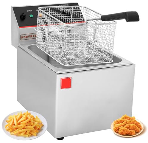 RUYICZB Friteuse Électrique De Restaurant Simple Professionnelle, 1 Cuve De 8 L, Zone Froide, Thermostat, Élément Amovible, Paniers À Frire Couvercles, Température Réglable 50-200 °C