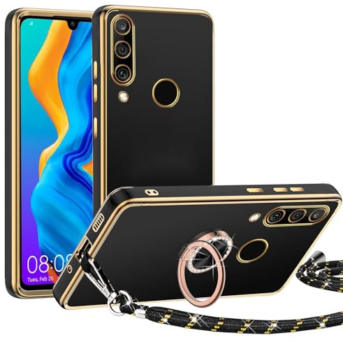 TUUTPU Handyband für Huawei P30 Lite Hülle mit Band, Handyhülle mit 360° Ring Ständer Dünn Silikon TPU Stoßfeste Schutzhülle mit Abnehmbar Kordel zum Umhängen mit Schnur, Schwarz