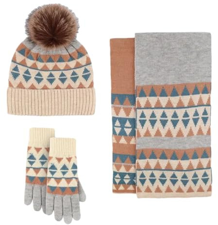 Pohullan Damen Wollschal, Mütze, Handschuhe, Set, Beanies, lange Schals, 3 Stück, Rot / Blau, Strick, Winter-Sets, C 3pcs set, One size
