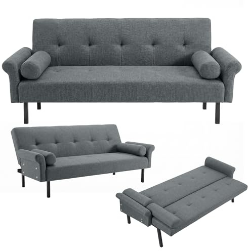 Panana 3 Seater Sofa Bed,Click Clack with Armrest Sofabed Fabric Couch Recliner,Choice of Colour (Gray Linen, Without Drinks Cup Holder)
