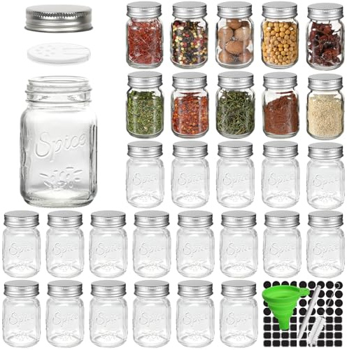 CycleMore 30 Pack 4oz Glass Mason Spice Jars, Round Spice Containers with Silver Metal Caps and Pour/Sift Shaker Lids-80pcs Labels,1 Silicone Collapsible Funnel,1 Brush and 1pcs Pen Included