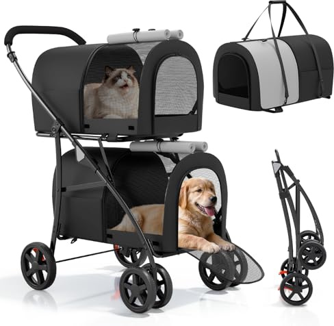 Magshion Poussette double pour chien avec 2 sacs de transport amovibles, chariot de voyage pliable à 4 roues avec poche de rangement pour chiens et chats de petite et moyenne taille, noir