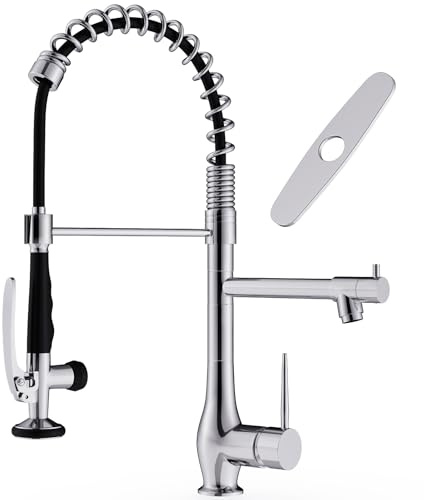 GIMILI Chrome Kitchen Faucet with Pull Down Sprayer, Single Handle High Pressure Kitchen Sink Faucet, Commercial Double-Headed Stainless Steel Kitchen Faucets Sink with Deck Plate