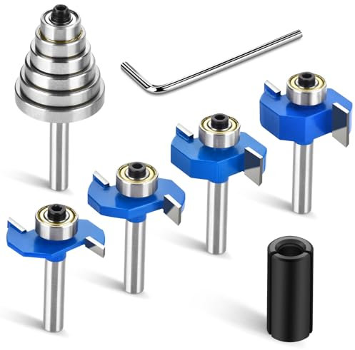 4pcs Router Bit Set 1/4 Shank with 6 Bearings Set (3/8, 1/2, 5/8, 3/4, 7/8, 1-1/8 Bearings), Rabbeting Router Bits (1/8,1/4,3/8, 1/2 Height) for Wood Grooving