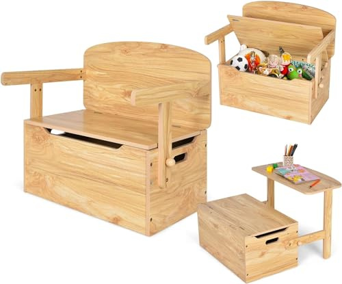 GOPLUS Kindertisch mit Sitzbank, 3 in 1 Kindersitzgruppe mit Stauraum, Kindertruhenbank, Spielzeugkiste Kindermöbel Sitzgarnitur Kinder für Kindergarten Spielzimmer (Natur)