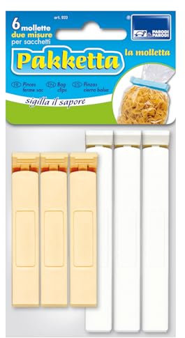 PARODI & PARODI - Pakketta Mollette Chiudi Sacchetti Biscotti e Pasta, Pinze da Cucina Multiuso Chiudi Pacchi Legumi e Altri Alimenti, Accessori Cucina e Casa Utili, 2 Misure x Pack, Colori Assortiti