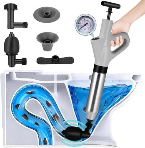Toilet Plunger, High Pressure Toilet Unblocker, Heavy Duty Drain Unblocker Kit with A Holder and 4 Replaceable Heads for Unblocking Toilets, Sink, Shower, Bathtub, Floor, Drain And Pipe Clog (Grey)