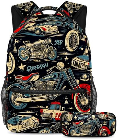 Verbessern Sie Ihre Schulutensilien mit dem vielseitigen 2-teiligen Schultaschen-Set Rucksack, Vintage-Motorrad, Vintage-Motorrad, Größe L
