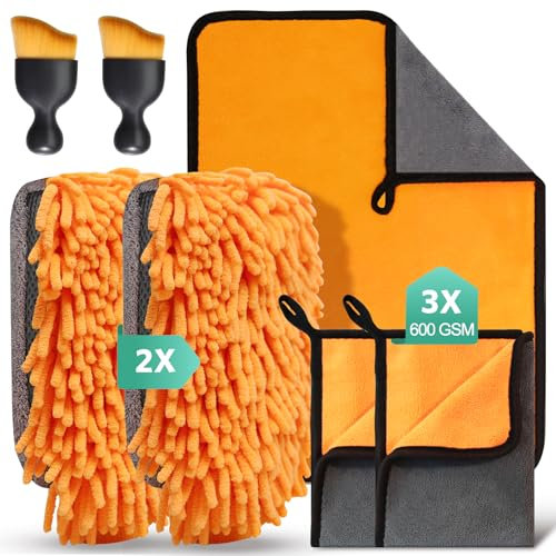 STRHAGO 7 Pcs Car Cleaning Kit with 3 Pack Microfibre Cloths, 2 Microfiber Wash Mitts and 2 Dusting Brushes, Household and Car Washing, Drying, Detailing