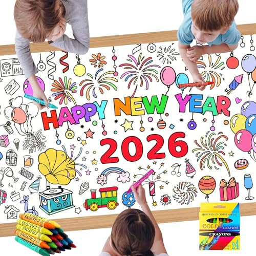 Happy New Year Ausmal-Tischdecke 76 x 183 cm,Kinder Silvester Tischdecke,Frohes Neues Jahr Ausmal,Papier zum Ausmalen Silvester Deko 2026,Neujahrsgeschenke für Kinder.