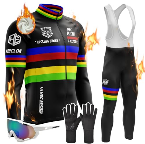 Abbigliamento Ciclismo Uomo Invernale Tuta da Ciclista Manica Lunga Completo, Antivento e Caldo, MTB Bici, 9D Gel Pantaloni Lunghi con Pettorina Set di Abbigliamento Ciclista (TYP-2,5XL)