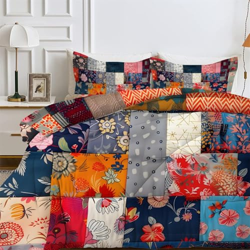 LSSLK Couette Imprimée Patchwork Vintage 260x240 4 Saisons pour 2 Personnes, Couette Réversible sans Housse Plaid Fleuri Edredon avec 2 Taies d'oreiller - Lavable en Machine