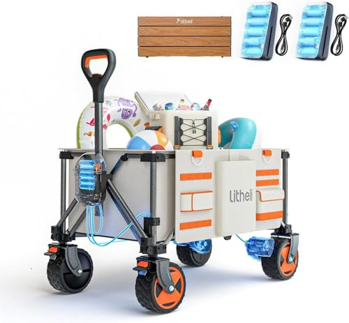 Litheli Chariot électrique Pliable - Double Moteur - avec Freins - 150 l - Charge maximale : 60 kg - Convient pour Le Camping, Le Jardin, la Plage, Les Courses (Beige + Plateau de Table)