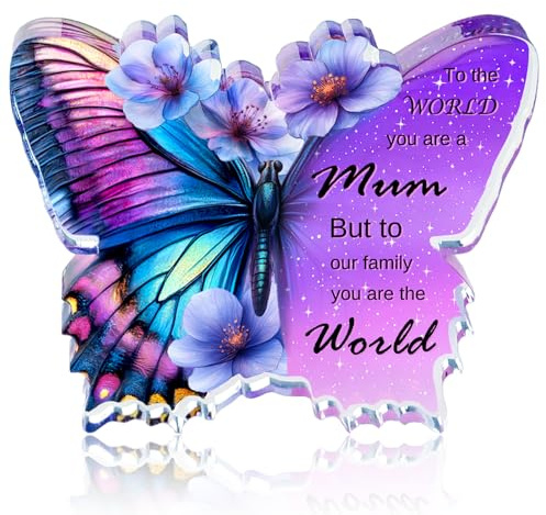 Gifts for Mum, Mum Birthday Gifts from Daughter Son, Butterfly Shape Acrylic Plaque Signs with Violet Flower, Special Presents for Birthday Valentines Christmas, Mothers Day Gifts