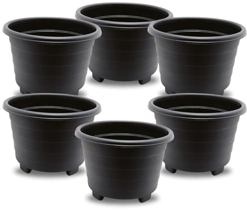 SIDSONS Large Sleek Black Planter 39cm - Plastic Plant Pots, Indoor Flower Pot, Outdoor Garden Patio Planters, Marked Drainage Hole, Round Planter With Feet, Herb Plant Container (6, 39cm Sleek Black)