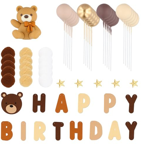 Teddy Bear & Ball Cake Topper Decorations - Birthday Decoration Set for Adults, Kids, Girls, Women - Includes Cake Toppers & Happy Birthday Banner for Party Decor