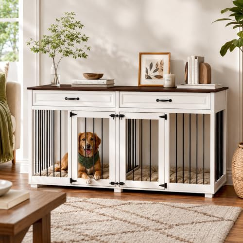 Hundekäfig 160cm für 2 Hunde mit 2 Schubladen und 2 Türen,Hundebox für Innenbereich,Hundehaus mit getrenntem Innenraum Weiß+Dunkelbraun MDF 160×60×80cm Hundehütte für 2 Hunde