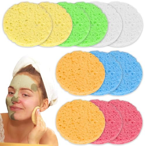 Compressed Facial Sponges, 12 PCS Round Cellulose Facial Sponge, 100% Natural Wood Pulp Cotton Face Washing for Facial Cleansing Pore Exfoliation - Multicolor