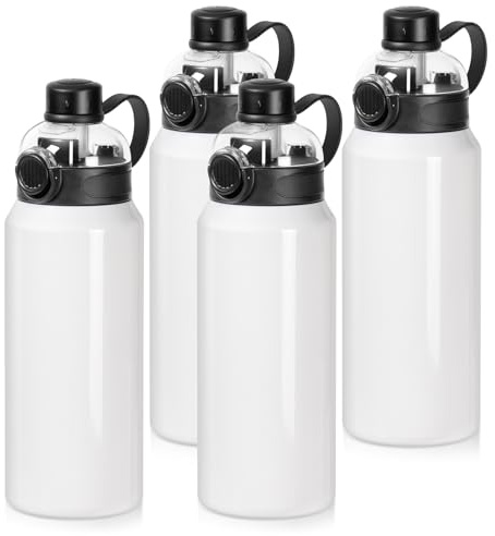 PYD Life 4 Pack Sublimation Sports Insulated Water Bottle Blanks 32 OZ | Stainless Steel Vacuum Flask Jug Tumblers with Straw Spout Pop Lid and Silicone Handle for Gym,Hiking,Outdoors