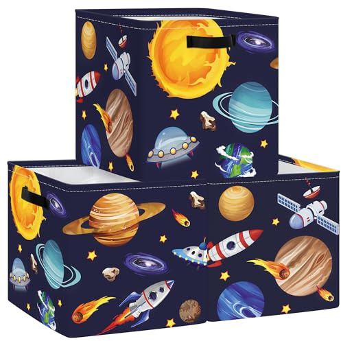 Clastyle 3 pcs Cosmic Space Kids Cube Storage Unit Boxes Planets Stars Storage Baskets for Shelves Boys Nursery Hamper Basket Book Clothes Toy Box Organizer,Solar System,11.8x11.8x11.8 in