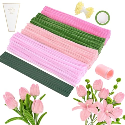 Smilfree Rosa Tulip Pfeifenreiniger Blumen Set: 400 Stück Pfeifenreiniger Blumen, DIY Pfeifenputzer zum Basteln Dekoration mit Blumendraht, Geschenk für Erwachsene & Bastelfreunde