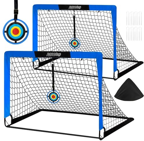 Fitencexu Fotbollsmål för trädgård barn fotbollsmål set om 2 popup-fotbollsmål grind utomhus med bärväska, 2 Bullseye och 8 U-formade golvnaglar – fotbollsträningstillbehör (blå)