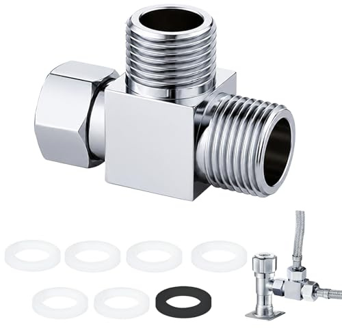 1 Pcs 3 Way Shower Diverter Valve, Faucet Diverters, T Connector, Chrome T Shaped Adapter with 7 Rubber Washers, Universal Thread, Easy Install for Bathroom, Kitchen and Garden
