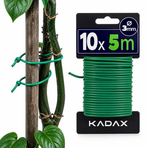 KADAX 10 x Gartendraht 3mm x 5m, grüner Bindedraht zum Befestigen von Pflanzen, Pflanzendraht gummiert, wetterfester Draht für Garten, Blumendraht ummantelt