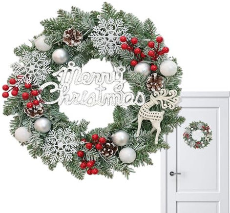 Großer Weihnachtskranz zum Aufhängen an der Tür, 40 cm, mit Tannenzapfen und Kugeln, künstliche Girlande für Festivals, Dekoration, Außenbereich, Fenster, Wand, Kamin, Zimmer, Garten, Hof, Terrasse