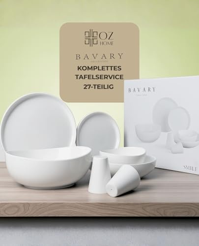 BAVARY Wave vajilla de porcelana 27 piezas, blanco, para 6 personas – servicio de mesa con platos llanos/hondos/postre, cuencos y ensaladera – apto lavavajillas y microondas – salero y pimentero