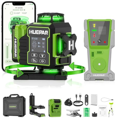 Huepar W04CG 4D Laser Level with Receiver for Outdoor or Longer Distance Use, Up to 400 ft, 4x360° Self Leveling Green Lazer Leveler Tool for Construction, Tiling, Framing, Drop Ceiling, Floor etc.