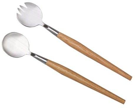 Angoily 2 pièces Serveurs à Salade Acier Inoxydable Manche Bois Couverts Fruit et Salade Fourchette et Cuillère Confortables pour Repas Quotidiens et Pique-