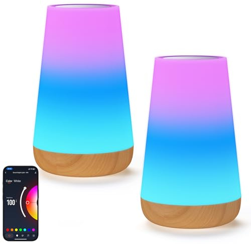 Bonsery Smart Nachttischlampe 2er Set, WLAN LED Stilllicht Dimmbar APP Steuerung von Alexa & Google Assistant, 16 Millionen RGB-Farben & DIY-Modus Nachtlicht Touch Lampe mit Timer, Inklusive Adapter