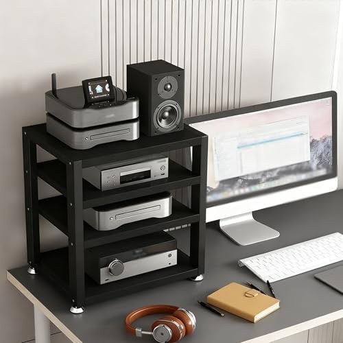 HiFi-Rack mit 4 Ebenen, AV-Media-Player-Ständer – Desktop-Lautsprecherständer und Aufbewahrungsregal für Heimbüro und Spielzimmer – kompaktes Design, Schwarz, 45 cm