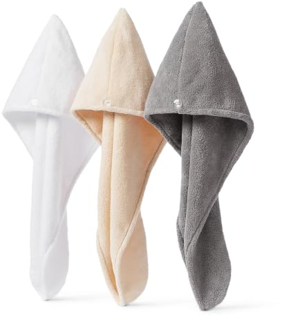 Amazon Basics Toalla de Microfibra de Secado Rápido para Secar el Pelo, Blanca/Beige/Gris, Paquete de 3