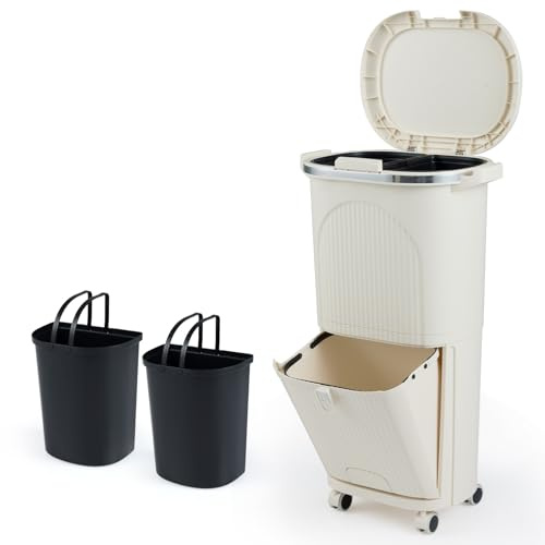 GIANTEX Cubo de Basura de Cocina 38L, Papelera de Reciclaje Vertical con Ruedas, 3 Cubos Extraíbles y Ganchos, Contenedor de PP con Tapa y Pedal, para Oficina, Baño (Crema)