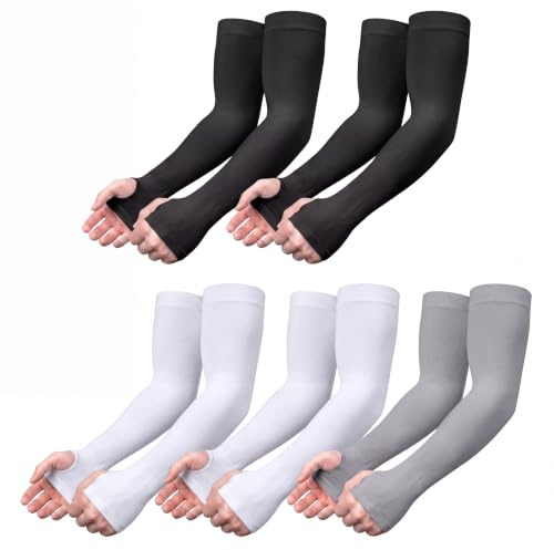 Pomarks UV Protection Arm Sleeves with Thumb Hole for Men Women – 5 Pairs Cooling Sun Sleeves, Anti-Slip Arm Warmers for Cycling, Running, Golf, Cricket, Gardening, Hiking and Driving